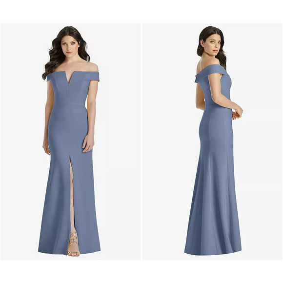 Dessy Collection Dresses & Skirts - Dessy Collection 3038 Sz 6 Off-The-Shoulder Notch Trumpet Gown Larkspur Blue New